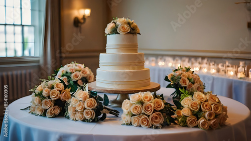 Wedding Cake and Bouquets on Display