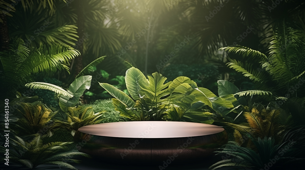 Empty Round Podium in a Lush Green Jungle with Copy Space Empty Round Podium in a Lush Green Jungle with Copy Space