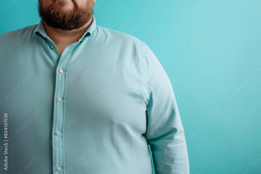 Overweight man in a tight shirt on a light blue background, Embracing Body Positivity, The Beauty of Individuality, Breaking Fashion Barriers, The Power of Inclusivity Overweight man in a tight shirt on a light blue background, Embracing Body Positivity, The Beauty of Individuality, Breaking Fashion Barriers, The Power of Inclusivity