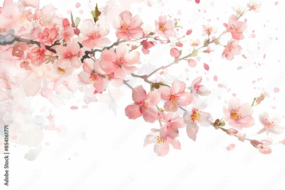 Whimsical Cherry Blossom Branch Falling Petals on White Background for Spring Decor Generative AI Whimsical Cherry Blossom Branch Falling Petals on White Background for Spring Decor Generative AI