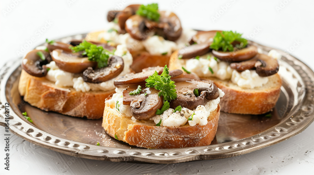 Gourmet Mushroom and Goat Cheese Crostini Presentation on Pewter Plate Stock Photo