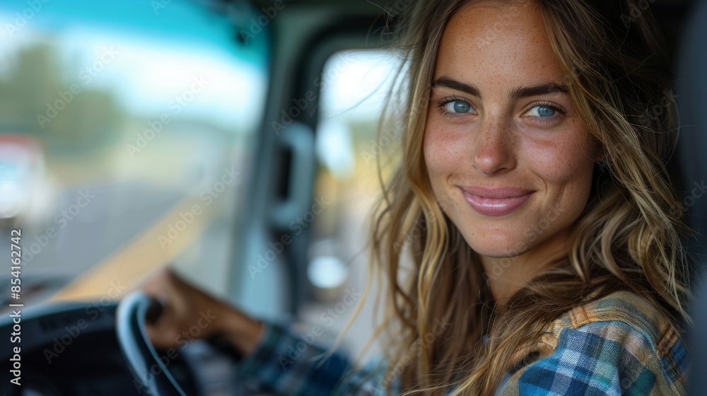 Attractive female truck driver behind the wheel in a truck cabin, looking friendly and professional on the job Attractive female truck driver behind the wheel in a truck cabin, looking friendly and professional on the job