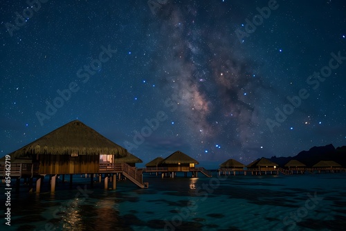 A tranquil retreat with overwater bungalows and a clear view of the starry night sky