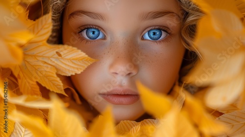 A photo focusing on a person's hair filled with yellow autumn leaves photo