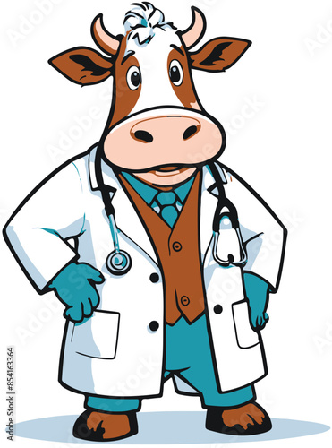 Vector illustration of a cow dressed up as a doctor with a telescope and a doctor's coat