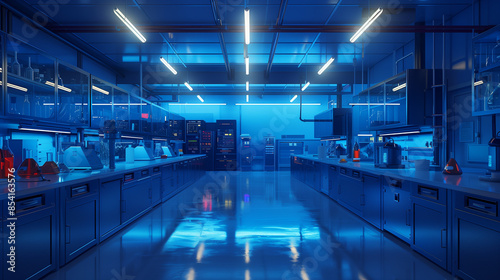 Futuristic hallway with a glowing blue door in the center