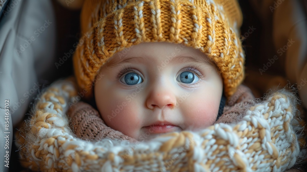 An infant's piercing blue eyes stand out against a backdrop of knitwear and warm tones