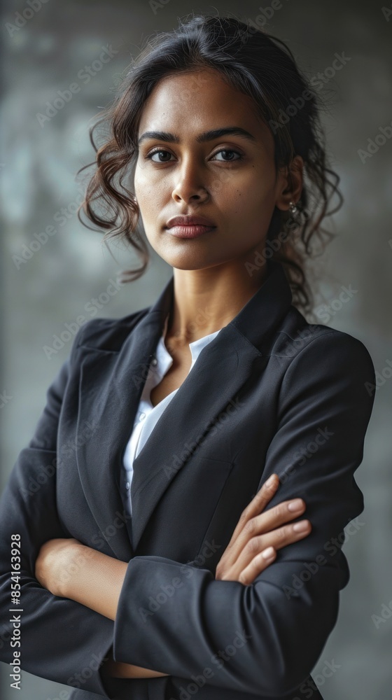 An Indian woman in a black jacket and white shirt stands with her arms crossed and looks confidently into the camera. An Indian woman in a black jacket and white shirt stands with her arms crossed and looks confidently into the camera.