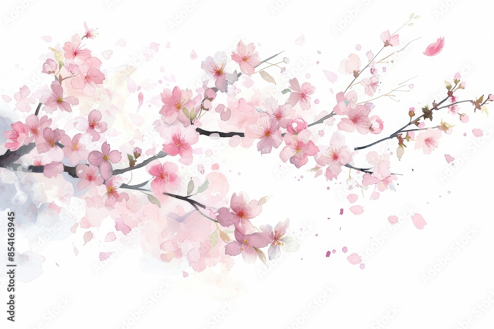 Fototapeta premium Delicate Cherry Blossom Branch Falling Petals on White Background Generative AI