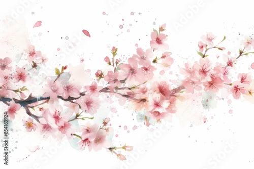 Whimsical Cherry Blossom Branch Falling Petals on White Background Generative AI