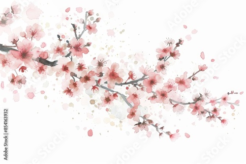 Delicate Cherry Blossom Branch Falling Petals on White Background Generative AI