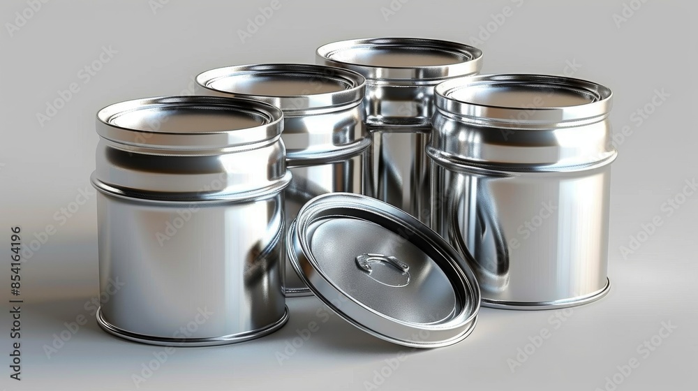 Close-up of multiple stacked metal paint cans on a reflective surface, conveying order and uniformity Close-up of multiple stacked metal paint cans on a reflective surface, conveying order and uniformity