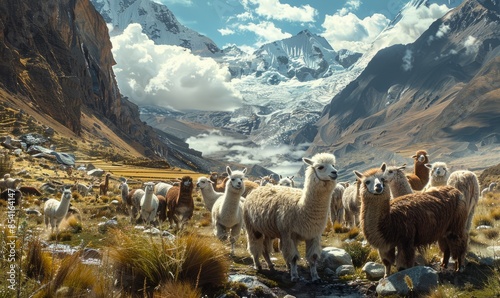 A herd of alpacas against the backdrop of picturesque highland scenery