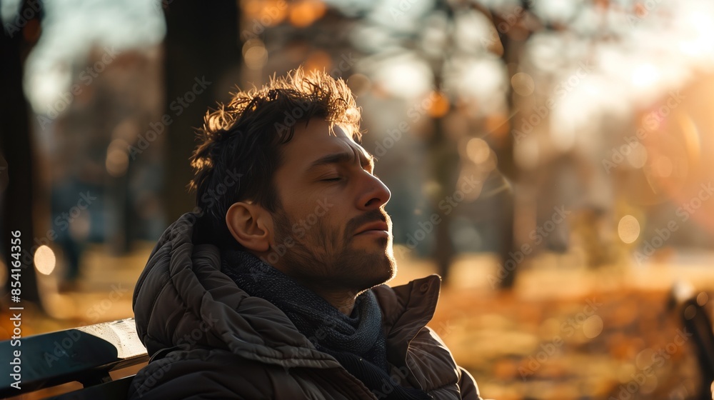 Young man basking in the autumn air, eyes closed, relaxes on a park bench as the city sunset paints the sky. Young man basking in the autumn air, eyes closed, relaxes on a park bench as the city sunset paints the sky.
