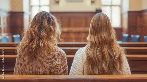 Two women with long hair, one with brown curls in a sweater, seated in a courtroom