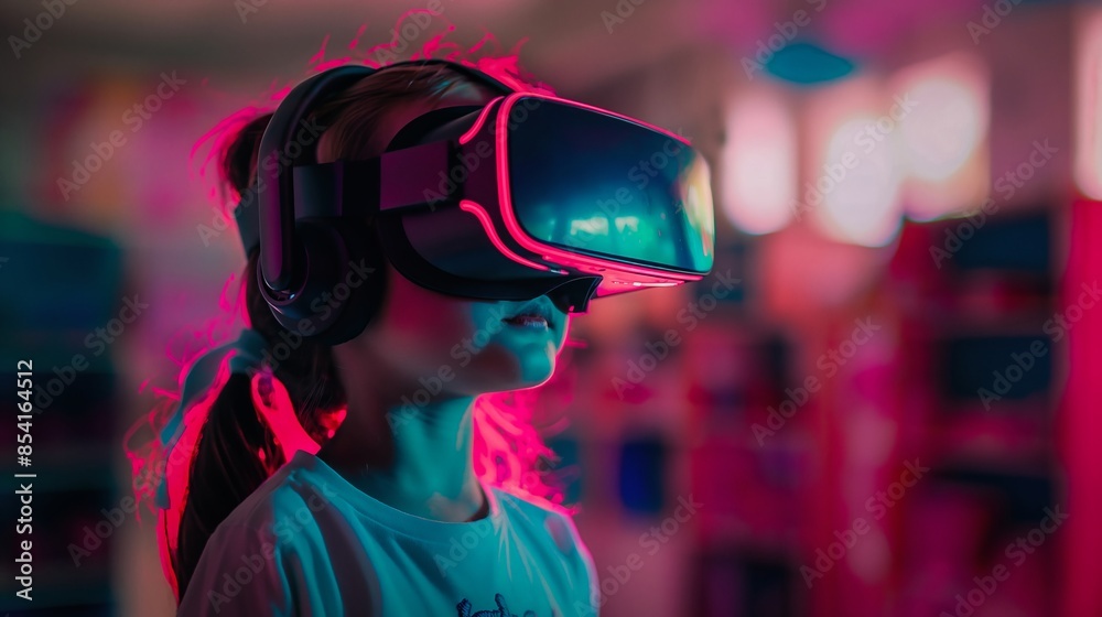 Young girl immersed in a virtual world, wearing a VR headset with glowing pink and blue neon lights. Young girl immersed in a virtual world, wearing a VR headset with glowing pink and blue neon lights.