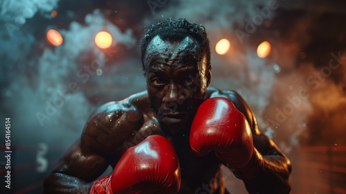 Boxer in a fighting stance with gloves up, face blurred, intense atmosphere