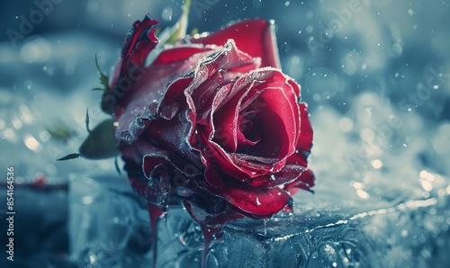 close-up photo of a beautiful red rose breaking through a cube made of ice , splintered cracked ice surface,