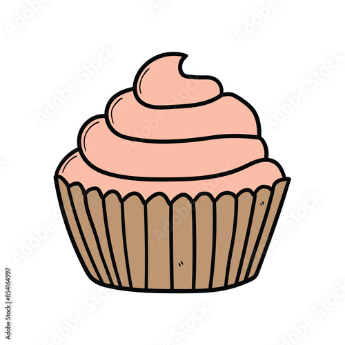 Hand drawn cartoon peach cupcake on white background.