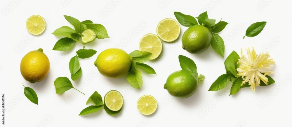 Limes, Lemons, and a Flower on a White Background Limes, Lemons, and a Flower on a White Background