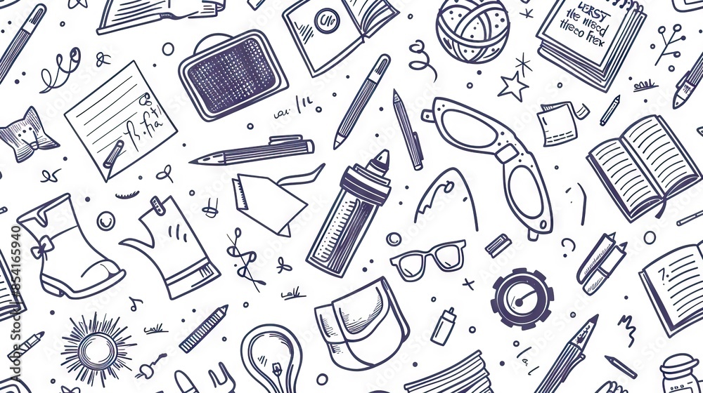 School supplies seamless pattern. Education accessories pencil and pen notebook black line doodle cartoon isolated on white background creative design textile. AI generated illustration School supplies seamless pattern. Education accessories pencil and pen notebook black line doodle cartoon isolated on white background creative design textile. AI generated illustration