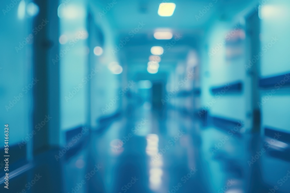 Fototapeta premium Blurred hospital corridor with medical doors and lights, blue color theme, closeup Generative AI