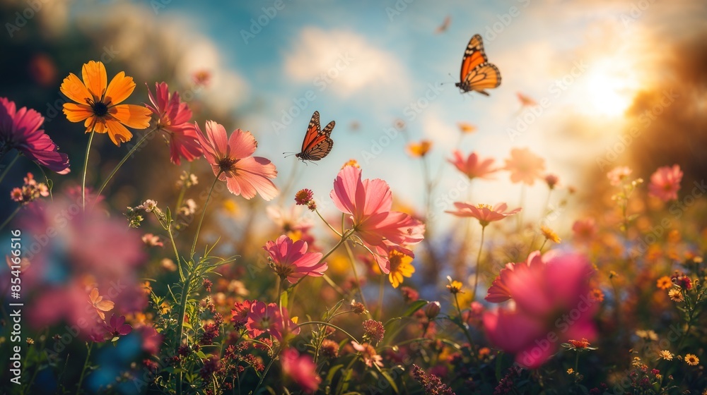 Butterflies flutter among vibrant wildflowers in a sunlit meadow, creating a picturesque, tranquil scene that captures the beauty of nature. Butterflies flutter among vibrant wildflowers in a sunlit meadow, creating a picturesque, tranquil scene that captures the beauty of nature.