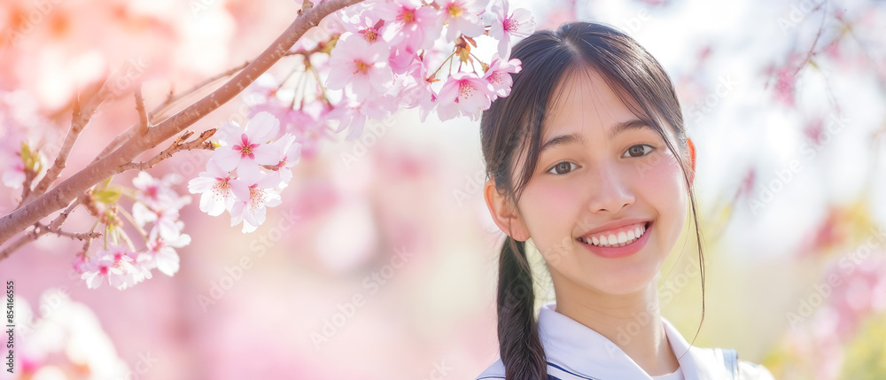 A schoolgirl with a bright smile stands next to blooming cherry blossoms in a serene outdoor setting, bathed in soft pink and pastel hues. A schoolgirl with a bright smile stands next to blooming cherry blossoms in a serene outdoor setting, bathed in soft pink and pastel hues.