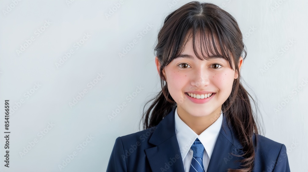 A smiling young woman in a school uniform with dark hair stands against a clean white background, looking directly at the camera. A smiling young woman in a school uniform with dark hair stands against a clean white background, looking directly at the camera.