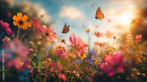 Butterflies flutter among vibrant wildflowers in a sunlit meadow, creating a picturesque, tranquil scene that captures the beauty of nature. © InnovPixel