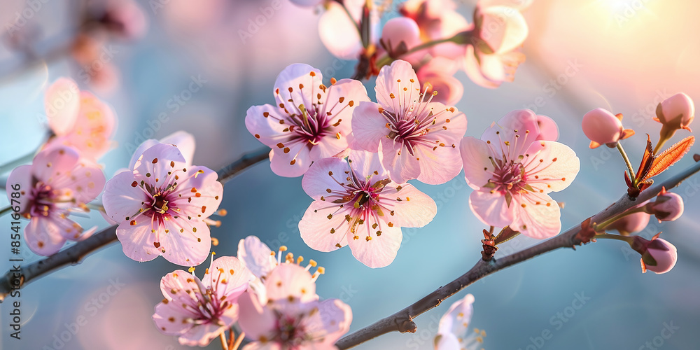A blooming cherry blossom tree with delicate pink flowers against a blue sky A blooming cherry blossom tree with delicate pink flowers against a blue sky
