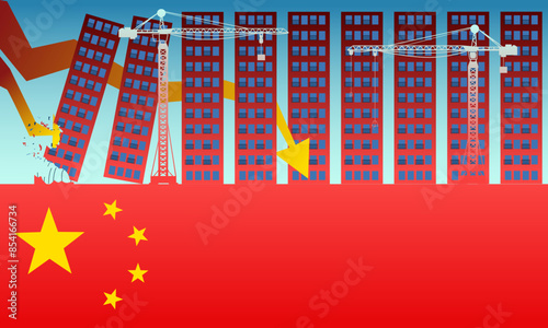 Chinese property sector crisis, financial crisis, China's Real Estate slump, flag of China and stock market decline	