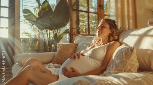 A woman with a serene expression cradles her pregnant belly while relaxing on a cozy couch bathed in warm sunlight, surrounded by plants and soft cushions.