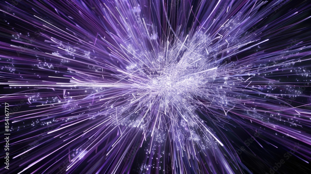 Fototapeta premium A dynamic explosion of purple and silver lines converging at a central point.