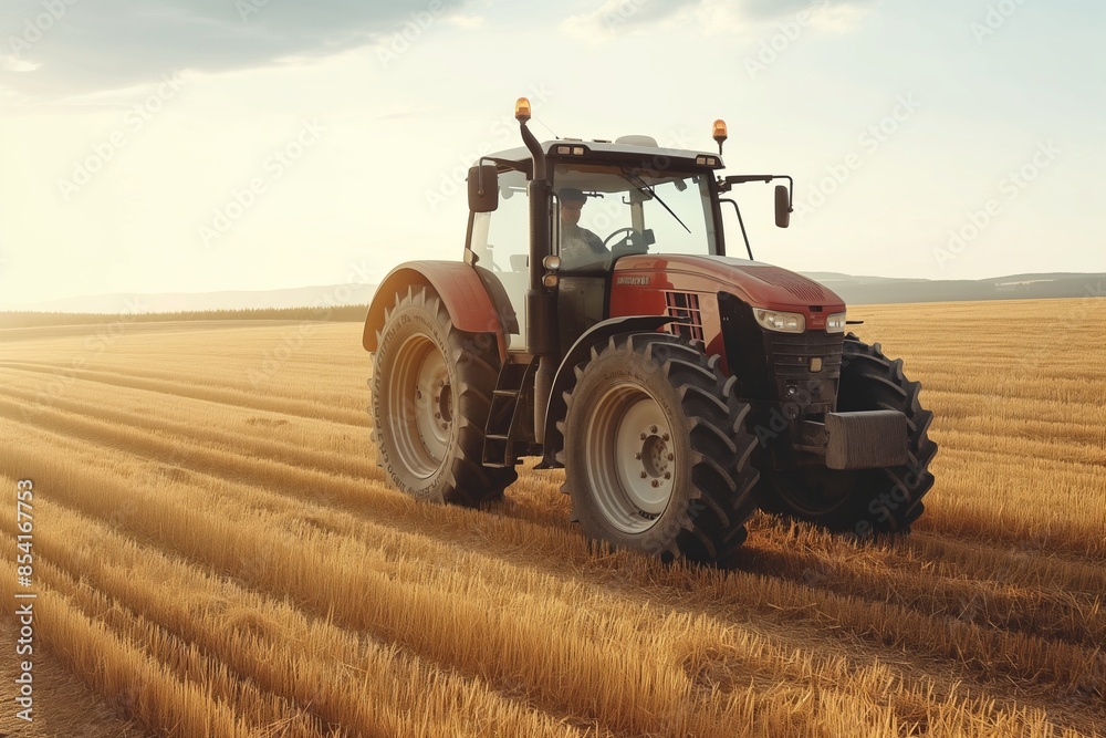 A red tractor stands in a harvest-ready golden wheat field, highlighting agricultural machinery A red tractor stands in a harvest-ready golden wheat field, highlighting agricultural machinery