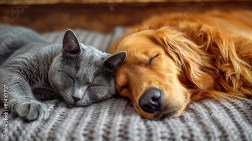 Wallpaper Mural A gray cat and a golden retriever sleeping together on a knitted blanket Torontodigital.ca