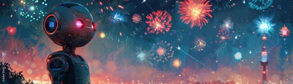 Obraz premium Android robot watching fireworks display, high-resolution, vibrant colors, hyper-realistic, detailed night sky