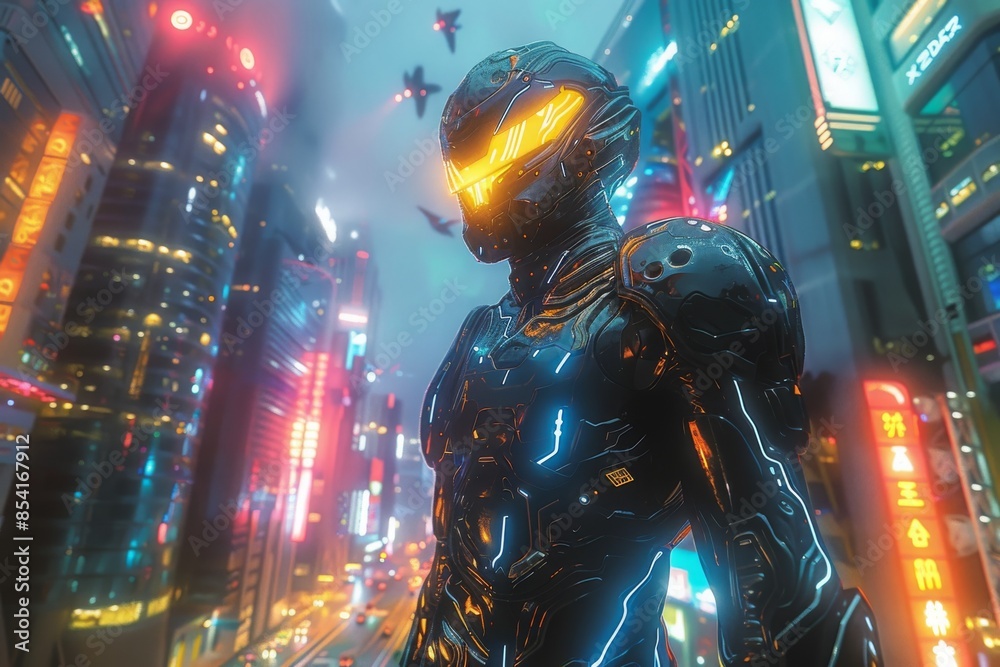 A futuristic soldier in high-tech armor with glowing orange accents stands in a neon-lit cityscape, surrounded by skyscrapers and flying drones, embodying advanced technology.
A futuristic soldier in high-tech armor with glowing orange accents stands in a neon-lit cityscape, surrounded by skyscrapers and flying drones, embodying advanced technology.