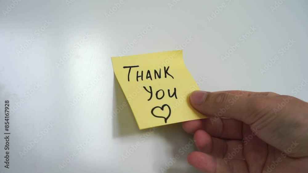 A man puts a sticker on his refrigerator that says THANK YOU.
The man in the note thanks.
Sticker on the refrigerator.
Thanking a person