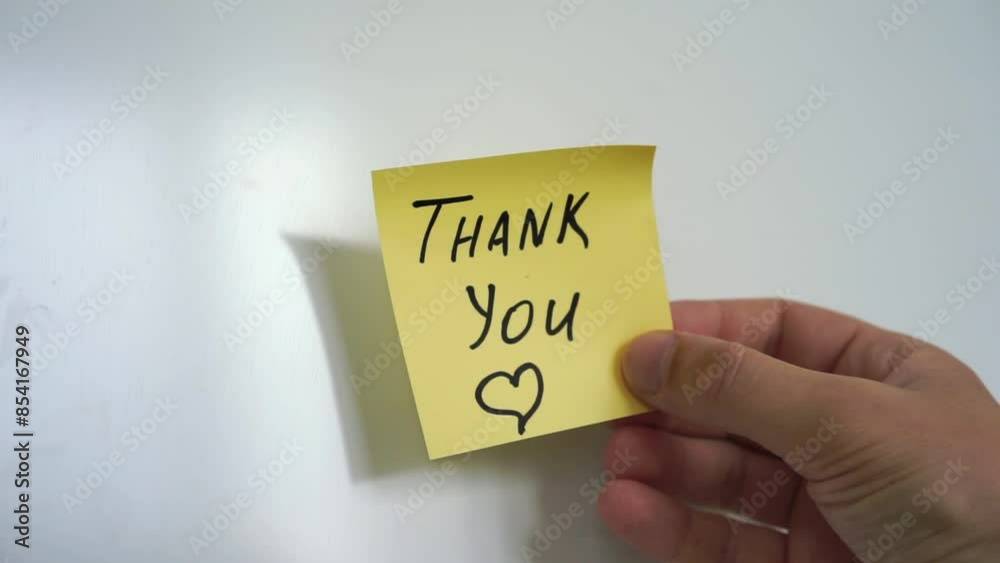 A man puts a sticker on his refrigerator that says THANK YOU.
The man in the note thanks.
Sticker on the refrigerator.
Thanking a person