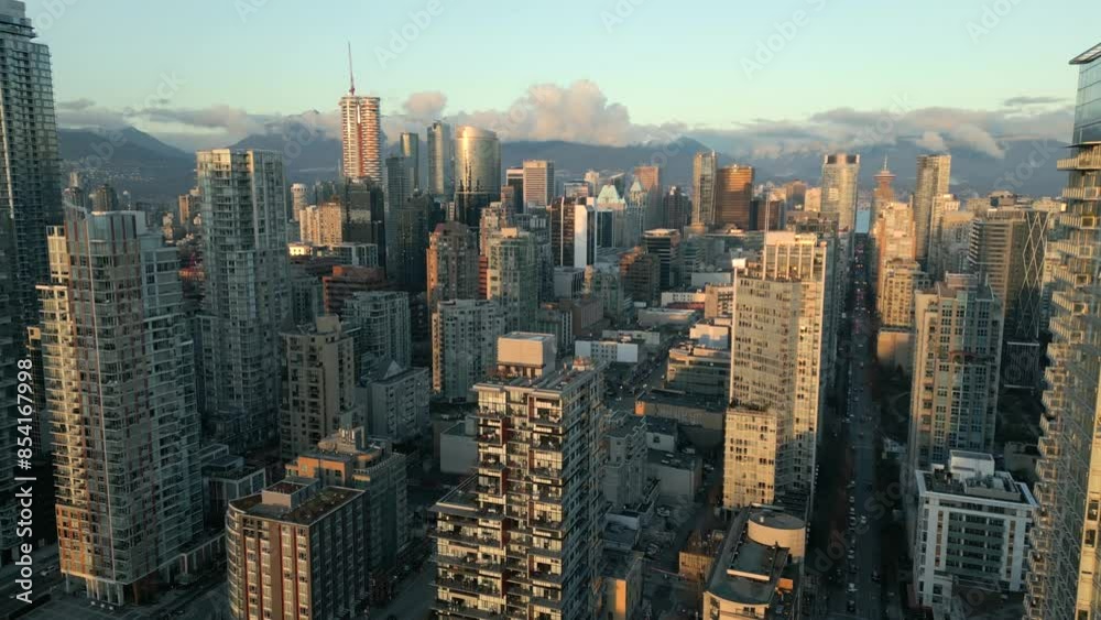 Aerial view of the skyscrapers in Downtown of Vancouver at dawn, Canada Aerial view of the skyscrapers in Downtown of Vancouver at dawn, Canada