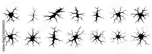 Ground cracks, breaks on land surface. Vector realistic set of fissure in ground, crevices from disaster or drought, black fractures top view