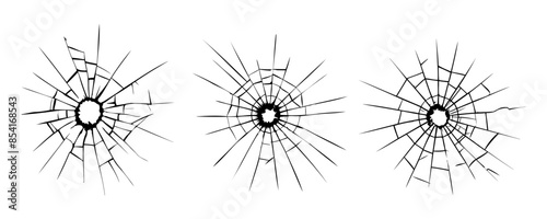 Texture set Bullet hole in glass. Broken glass. Cracked window glass.