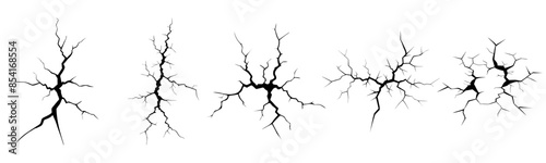 Ground cracks, breaks on land surface. Vector realistic set of fissure in ground, crevices from disaster or drought, black fractures top view
