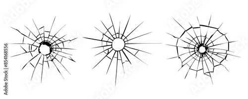 Texture set Bullet hole in glass. Broken glass. Cracked window glass.