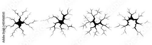 Ground cracks, breaks on land surface. Vector realistic set of fissure in ground, crevices from disaster or drought, black fractures top view