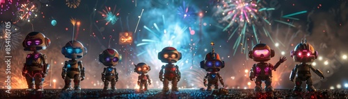 Group of android robots celebrating Fourth of July, fireworks in the background, vivid colors, hyper-realistic, detailed scene