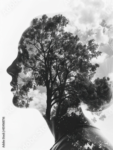 Double Exposure Portrait of Woman Merged with Tree
