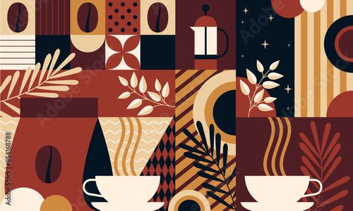 Coffee background. Set of coffee signs, icons, symbols for menu design. Cappuccino, americano, espresso, mocha, latte. Various coffee drinks set. Cups, beans and coffee makers. Broun design
