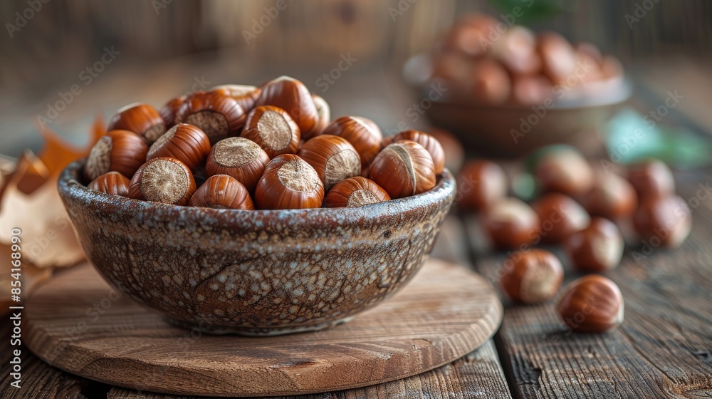 A cozy composition of a bowl filled with hazelnuts on a textured wooden table suggesting organic produce A cozy composition of a bowl filled with hazelnuts on a textured wooden table suggesting organic produce